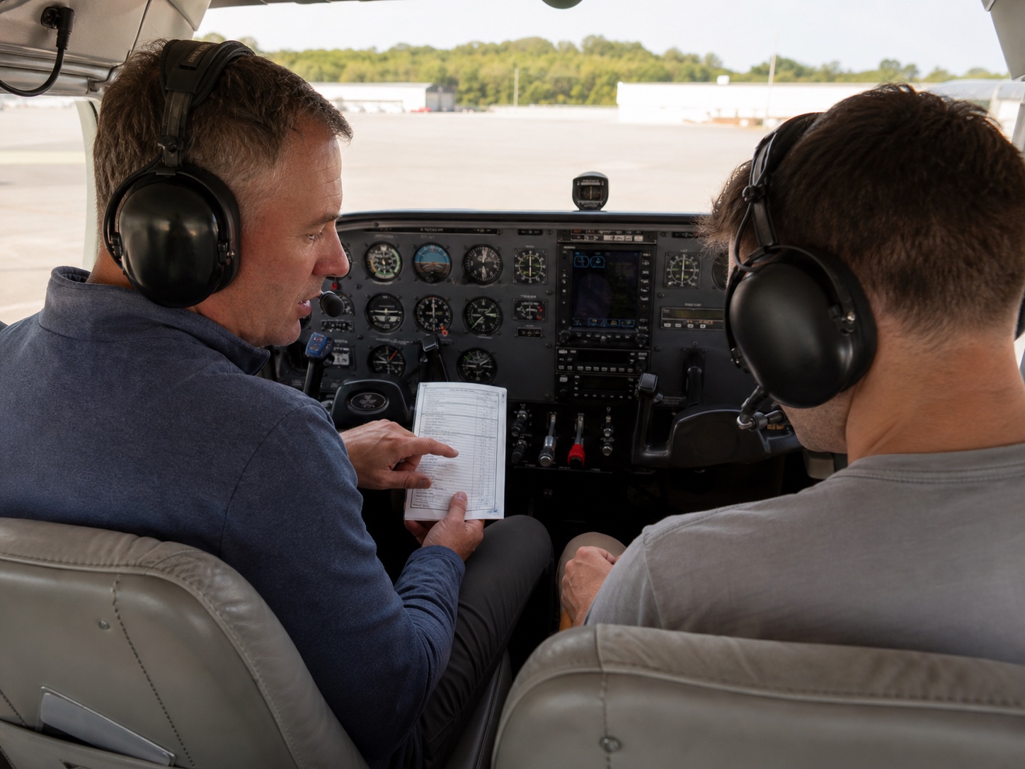 Instructor and student reviewing a checklist together in the cockpit